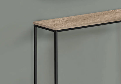 Accent console table with oak-textured wood top and black metal frame, modern entryway style on Tampa Home & Garden Store