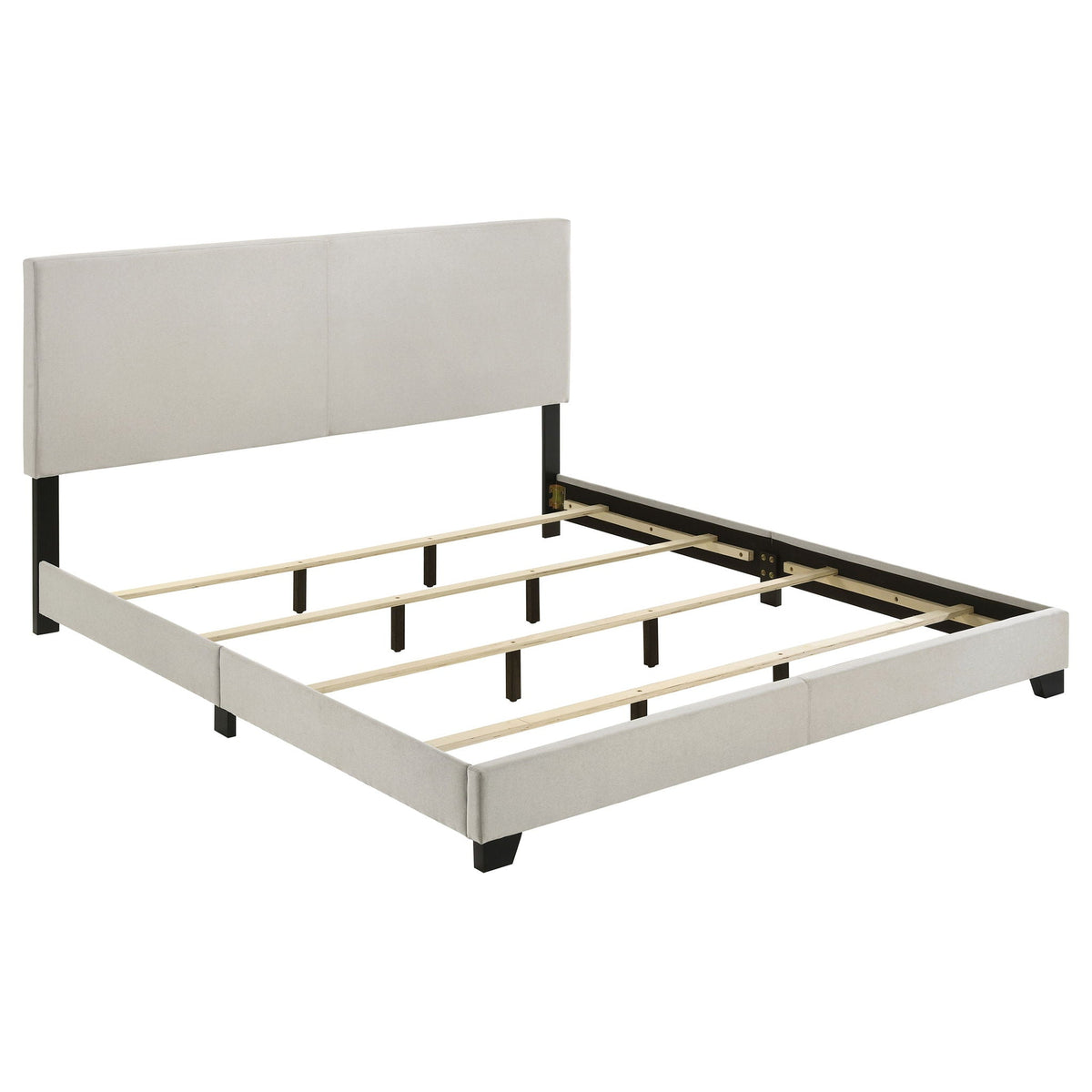 Efram Panel Bed upholstered platform bed in beige fabric with black metal legs and wooden slats on Tampa Home & Garden Store