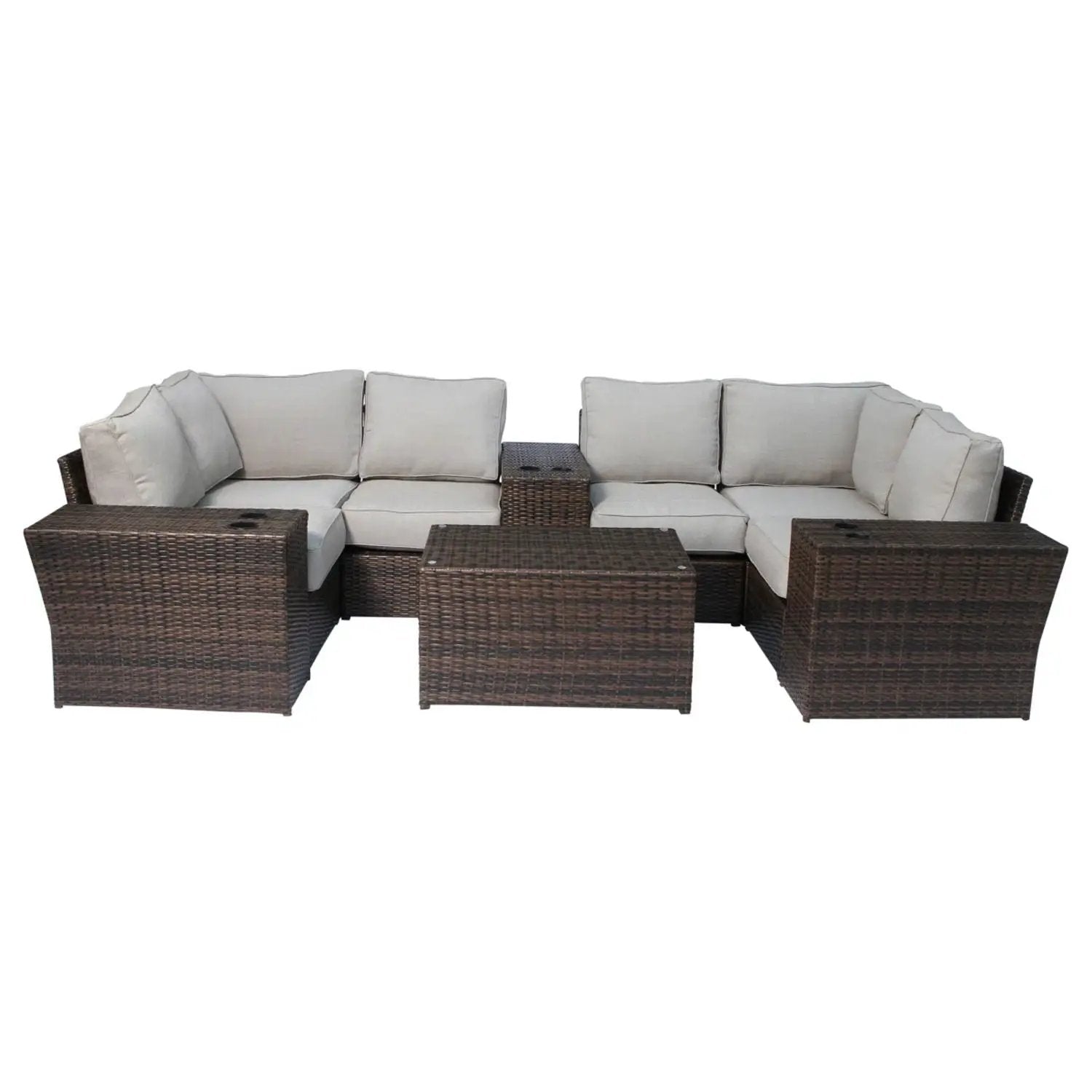 Wicker outdoor sectional with beige weather-resistant cushions and a coffee table on Tampa Home & Garden Store