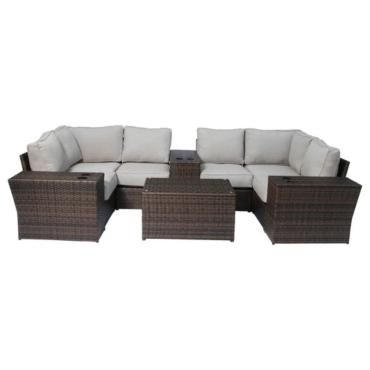 Wicker outdoor sectional with beige weather-resistant cushions and a coffee table on Tampa Home & Garden Store