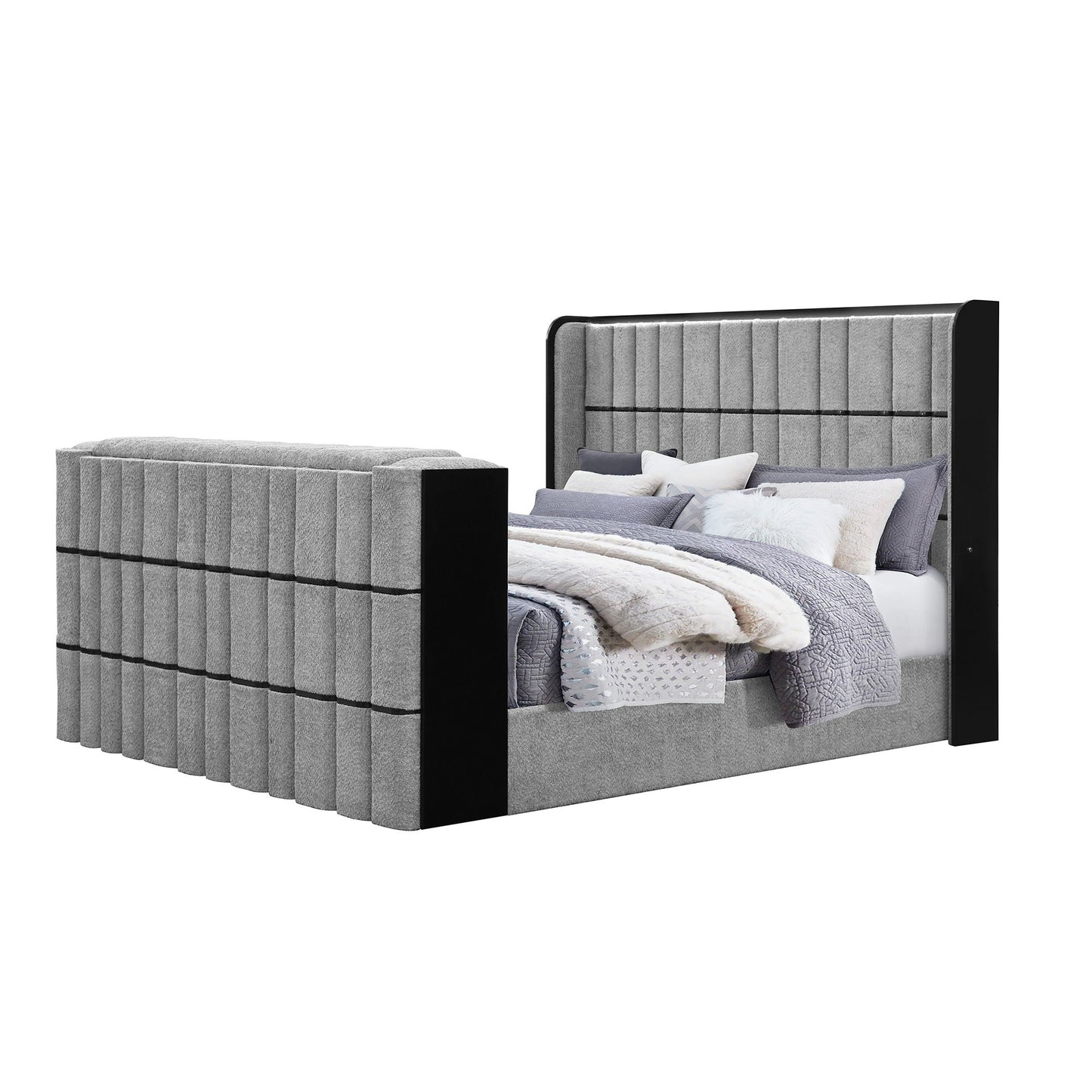 Isaiah Bed with TVLift and LED Speakers in grey upholstery tall tufted headboard by HouseOfZazla on Tampa Home & Garden Store