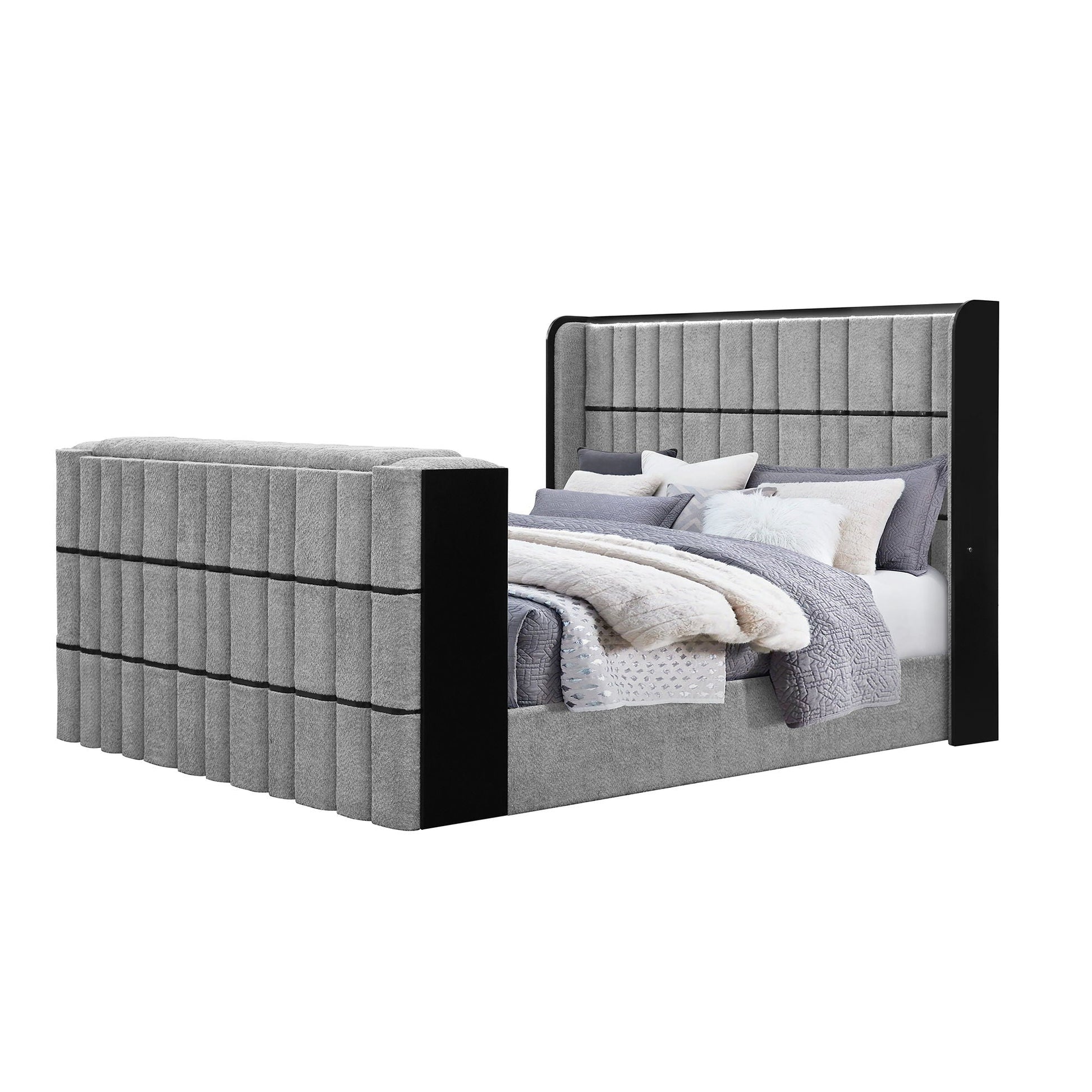 Isaiah Bed with TVLift and LED Speakers in grey upholstery tall tufted headboard by HouseOfZazla on Tampa Home & Garden Store