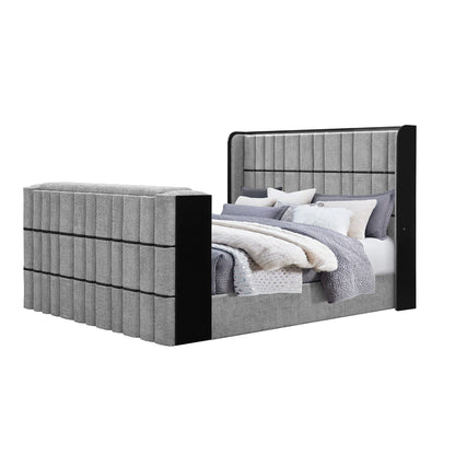 Isaiah Bed with TVLift and LED Speakers in grey upholstery tall tufted headboard by HouseOfZazla on Tampa Home & Garden Store