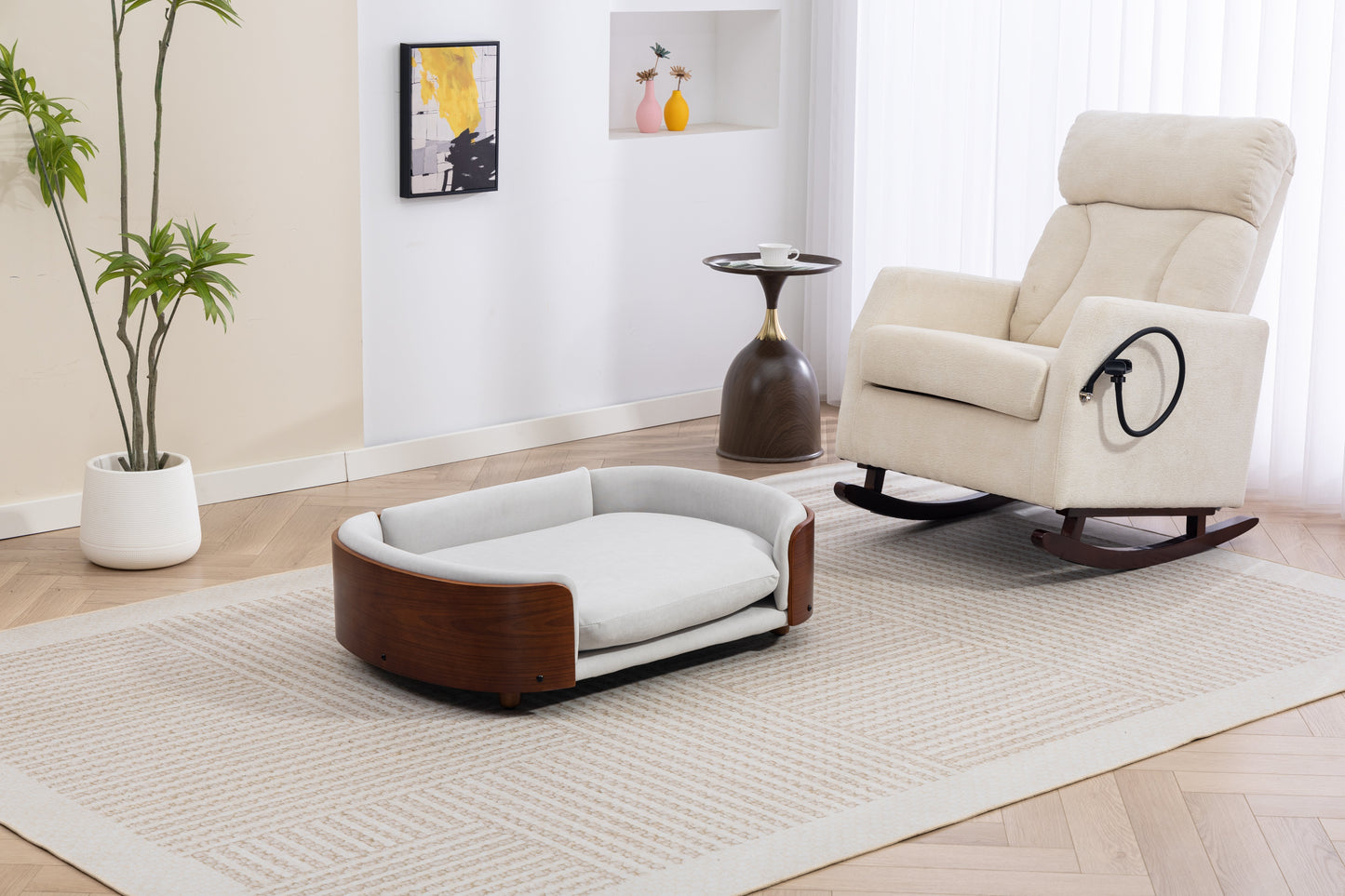 Scandinavian Style Elevated Dog Bed by HouseOfZazla, gray cushioned bed on curved wood base on Tampa Home & Garden Store