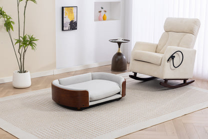 Scandinavian Style Elevated Dog Bed by HouseOfZazla, gray cushioned bed on curved wood base on Tampa Home & Garden Store