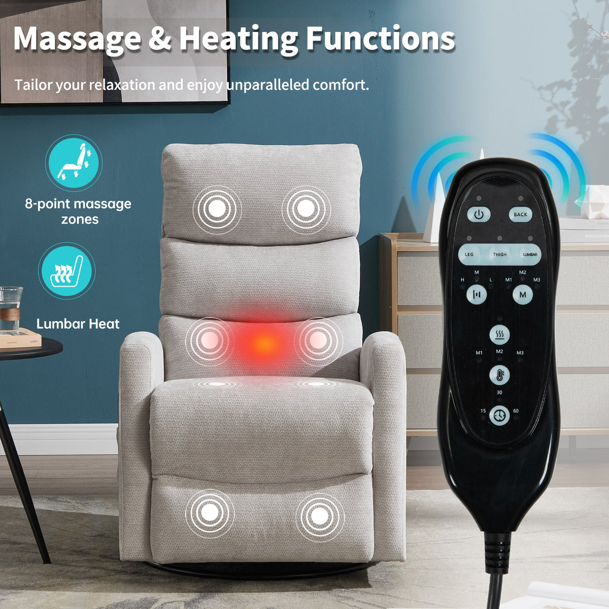 Heat Massage Manual Recliner Chair by HouseOfZazla in light gray fabric with remote on Tampa Home & Garden Store