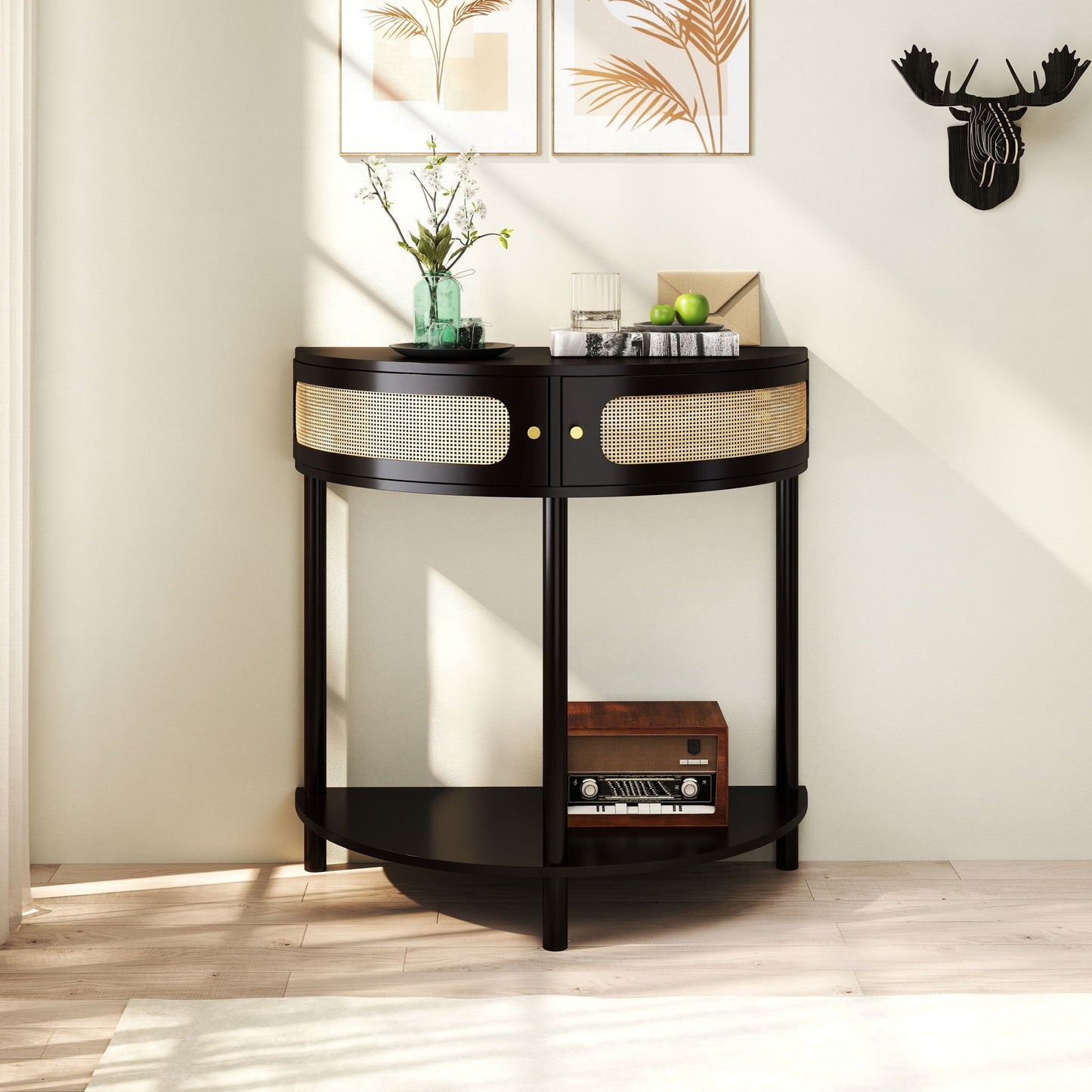 Boho rattan semi-circle end table with sliding door, storage and bottom shelf by HouseOfZazla on Tampa Home & Garden Store