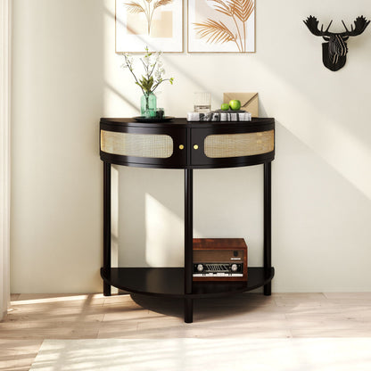 Boho rattan semi-circle end table with sliding door, storage and bottom shelf by HouseOfZazla on Tampa Home & Garden Store
