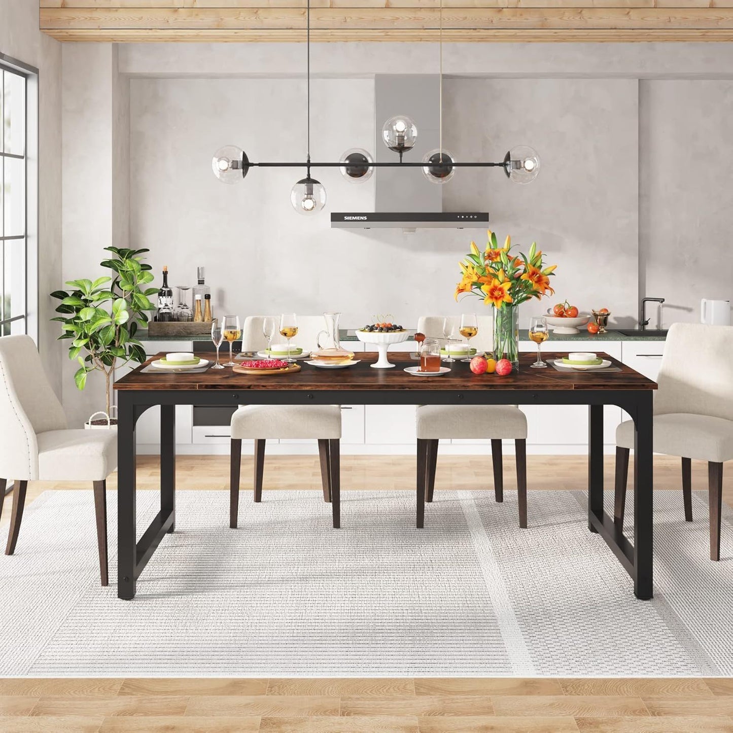 Rectangular dining table with brown wood top and black metal legs, seating for six on Tampa Home & Garden Store