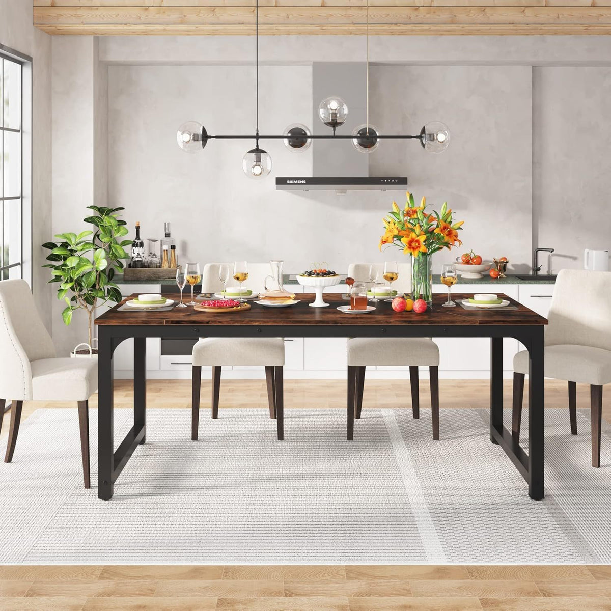 Rectangular dining table with brown wood top and black metal legs, seating for six on Tampa Home & Garden Store
