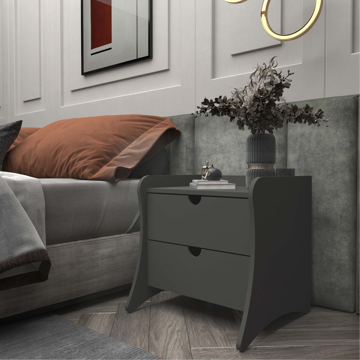Mid-Century Modern nightstand with dual drawers in dark gray, curved legs on Tampa Home & Garden Store