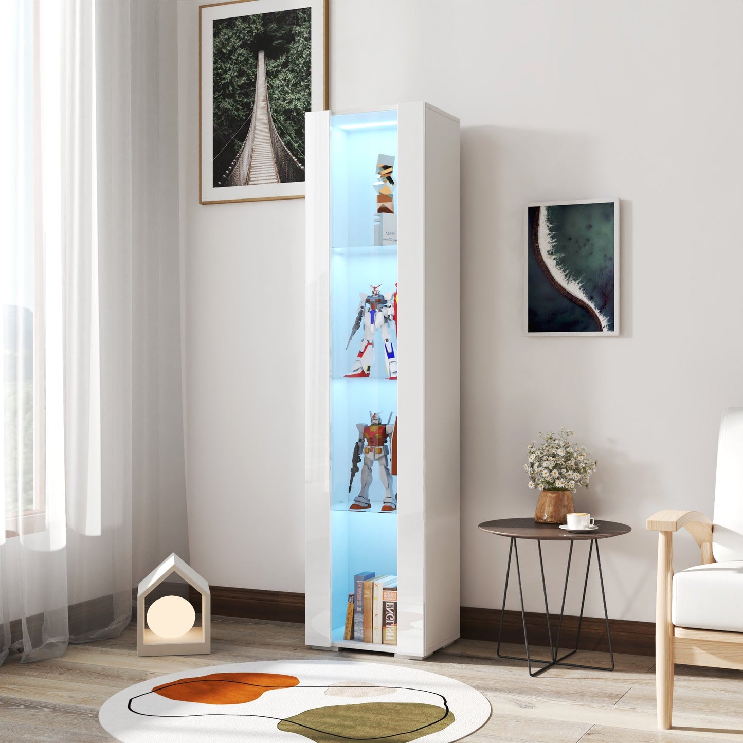 Side cabinet with aluminum strip lamp, white finish, blue-lit display shelves showing figures on Tampa Home & Garden Store