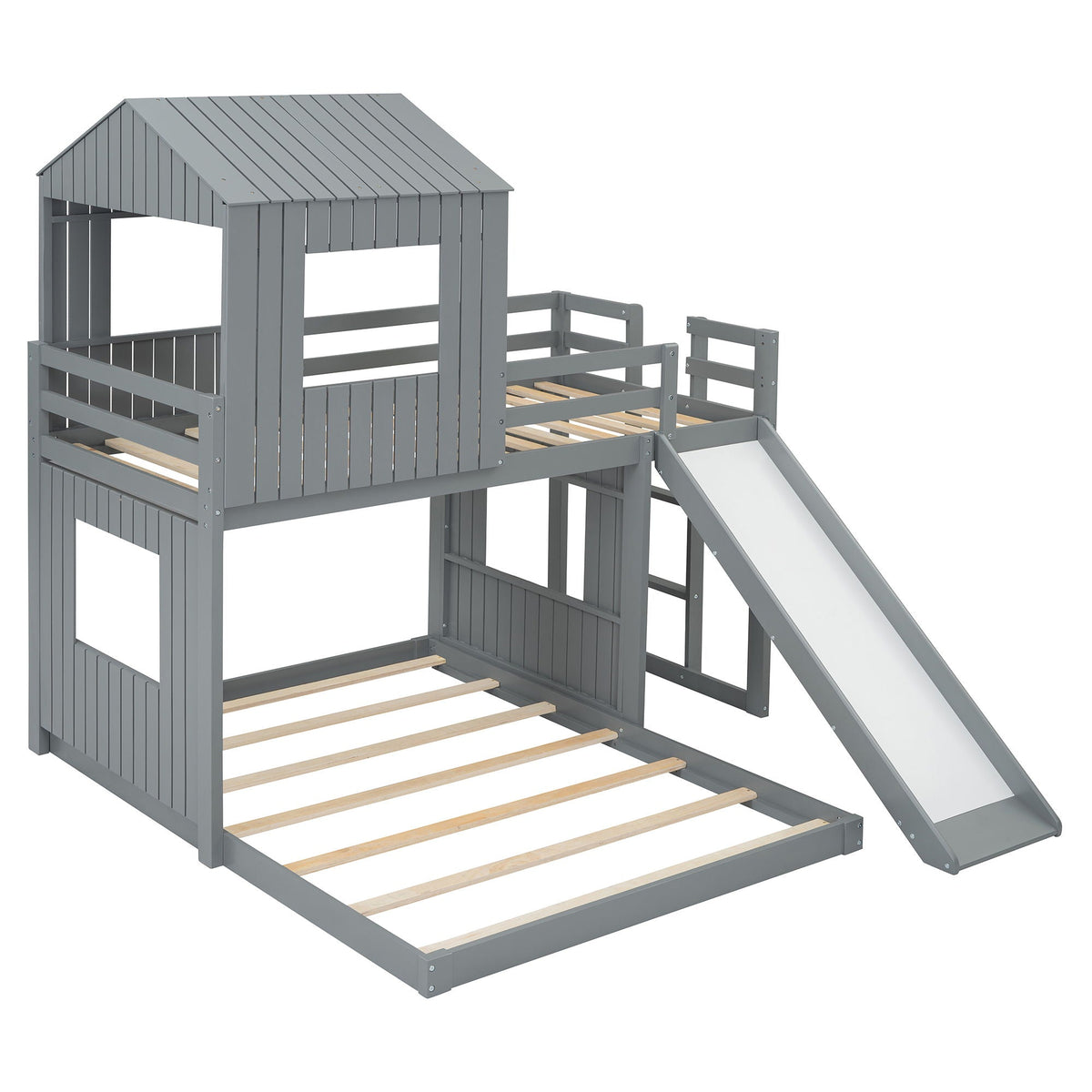 Loft bunk bed with playhouse gray farmhouse style by HouseOfZazla, ladder and slide on Tampa Home & Garden Store