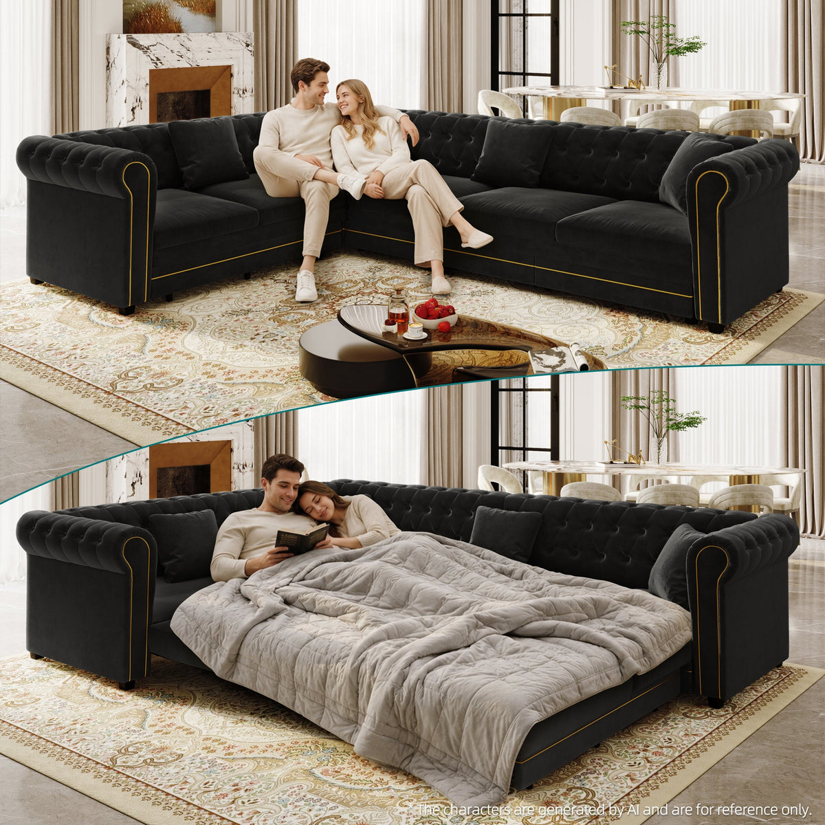 Chesterfield L Shaped Sofa and Black Velvet Bed
