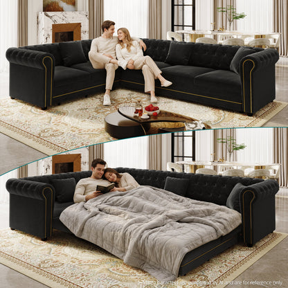 Chesterfield L Shaped Sofa and Black Velvet Bed