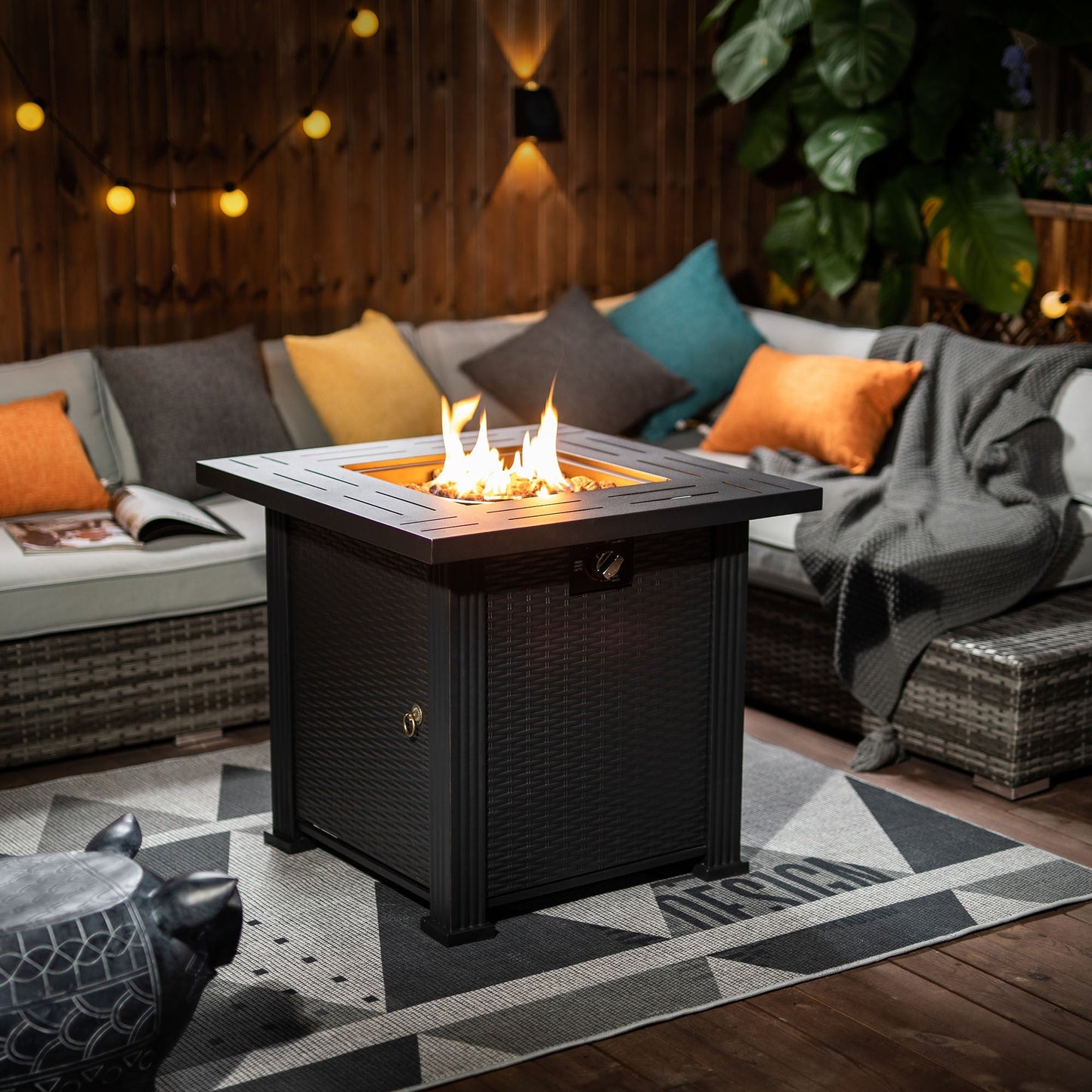 HouseOfZazla 28-inch propane fire pit table, 50,000 BTU, square steel outdoor fire pit on Tampa Home & Garden Store