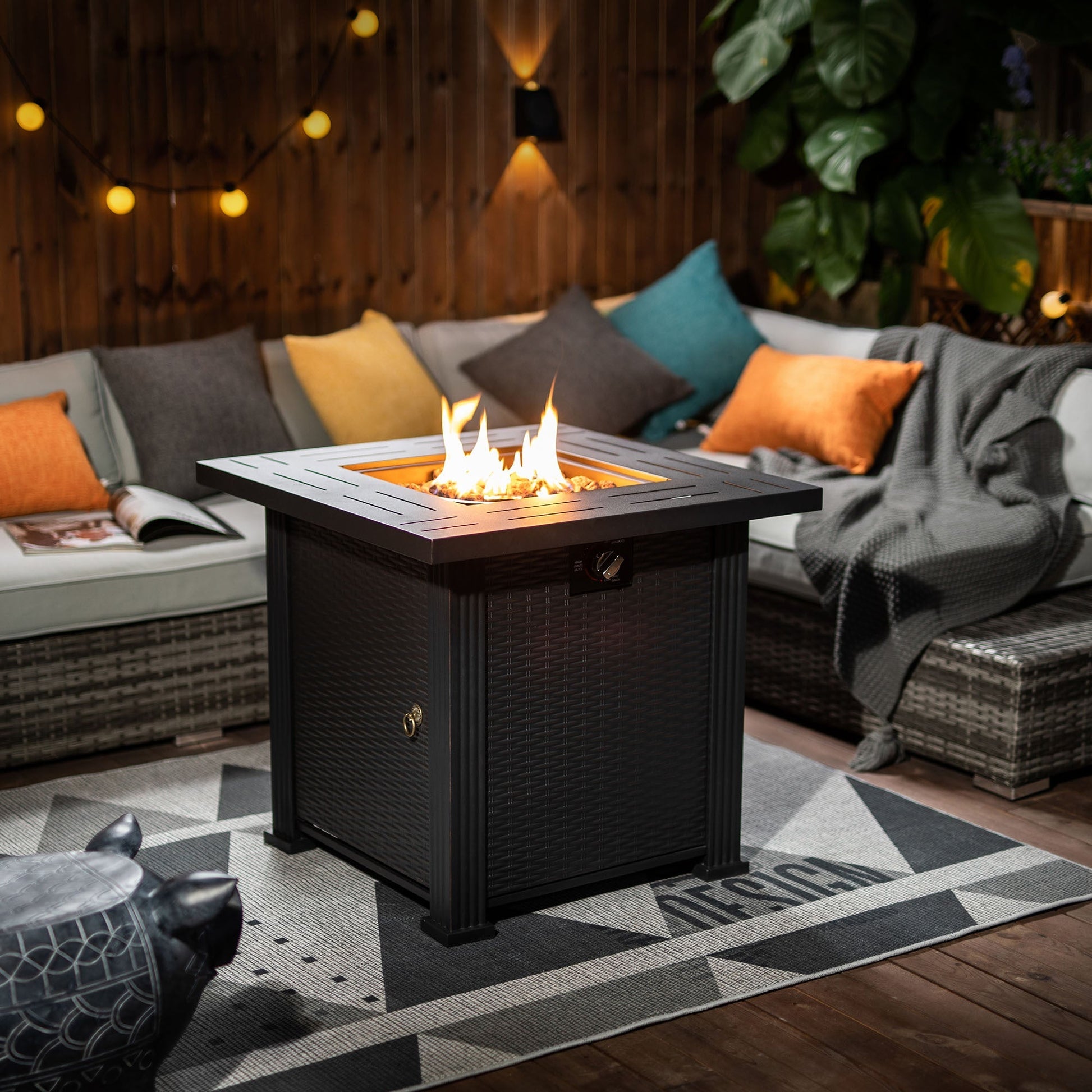 HouseOfZazla 28-inch propane fire pit table, 50,000 BTU, square steel outdoor fire pit on Tampa Home & Garden Store