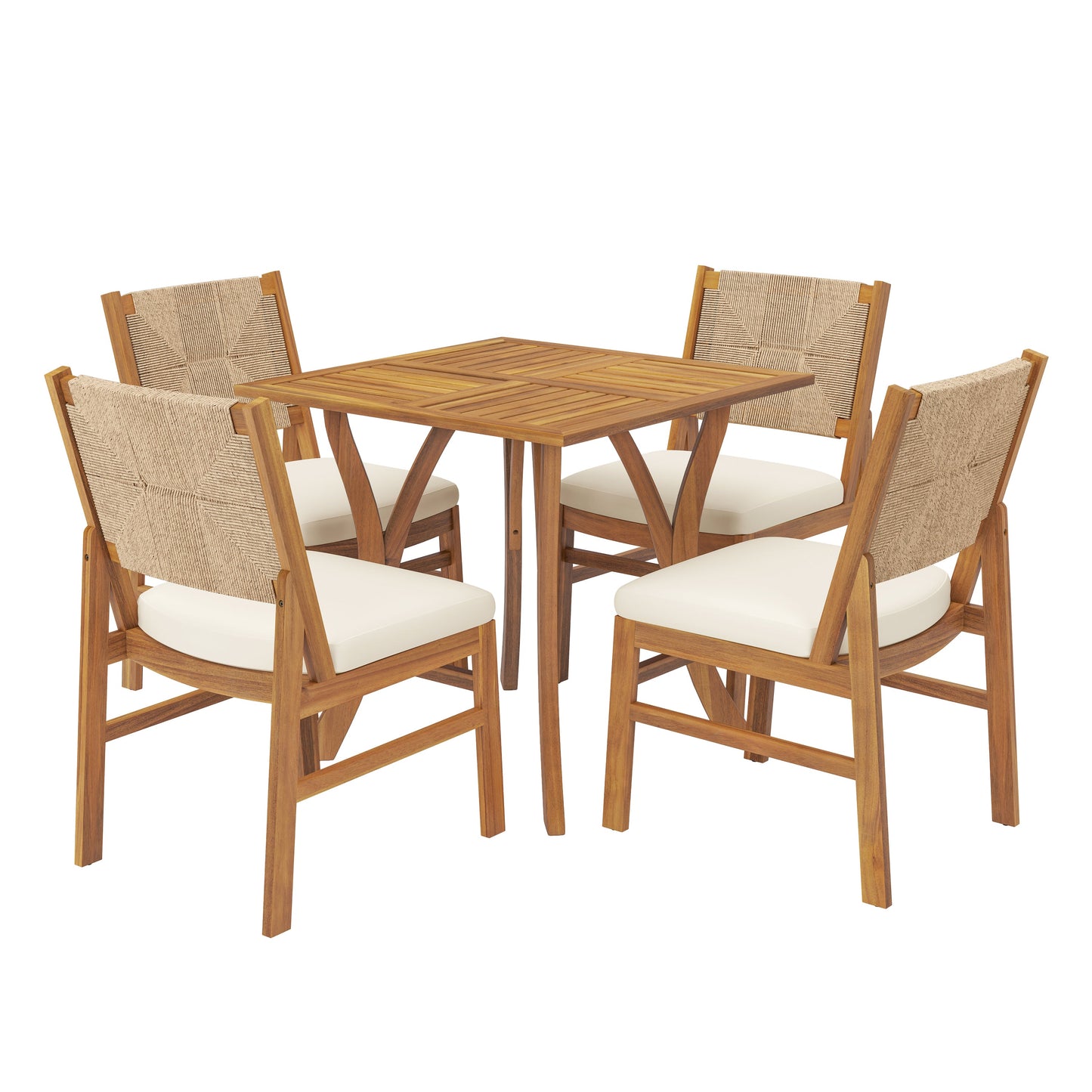 5 Piece Acacia Wood Dining Set by HouseOfZazla table with four ropeback chairs and cushions on Tampa Home & Garden Store