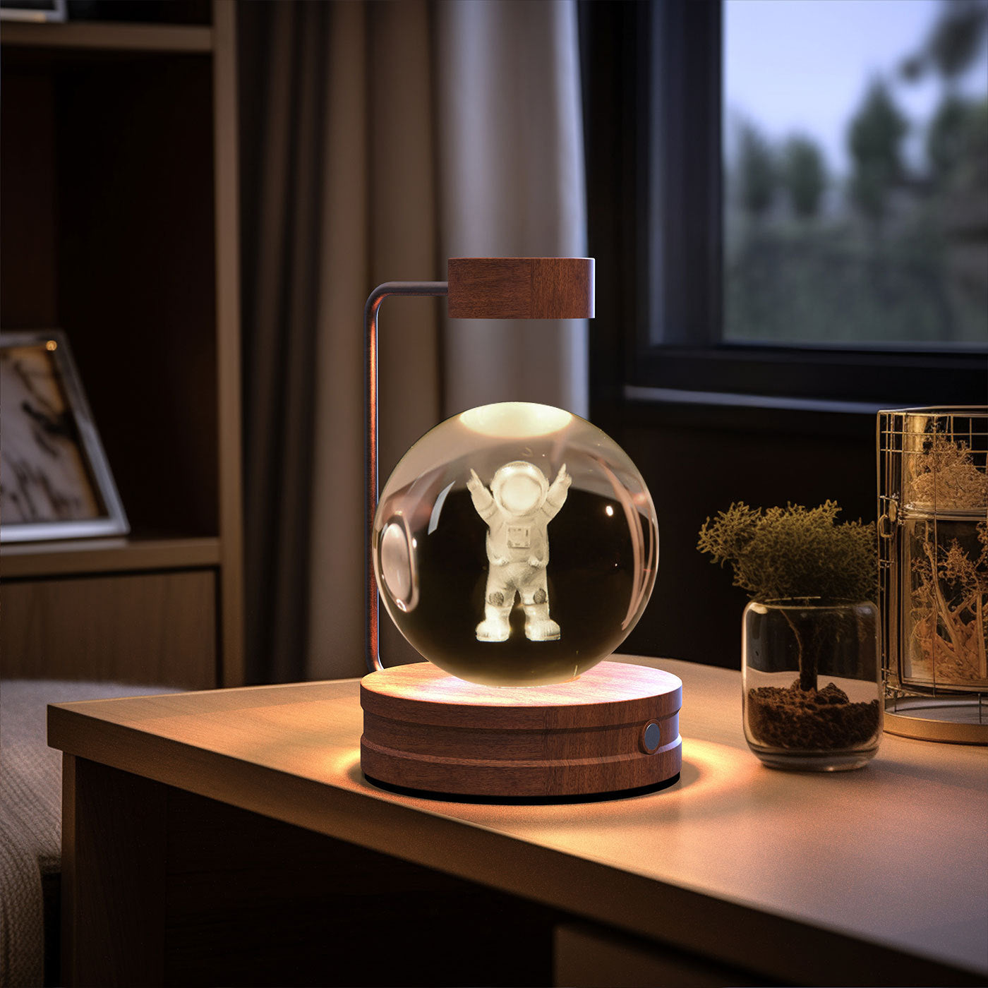 Crystal ball night light on a wooden base with metal arc USB powered warm bedside glow on Tampa Home & Garden Store