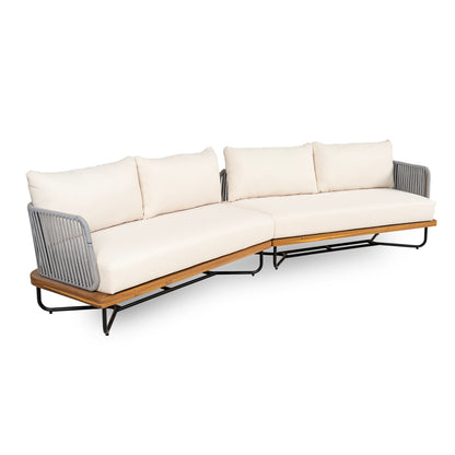 Lucca Outdoor Acacia Wood Rope Woven Sofa Sectional, beige cushions, gray arms and wood base on Tampa Home & Garden Store