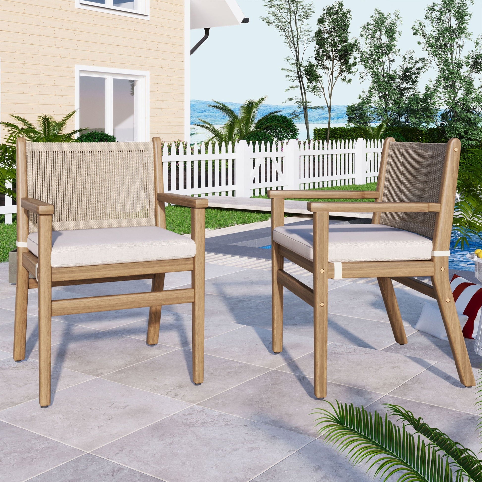 Outdoor Acacia Wood Patio Dining Armchair set of 2 with beige woven backs by HouseOfZazla on Tampa Home & Garden Store