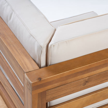 Oana 3-Piece Loveseat Set with Coffee Table, acacia wood outdoor seating, beige cushions on Tampa Home & Garden Store