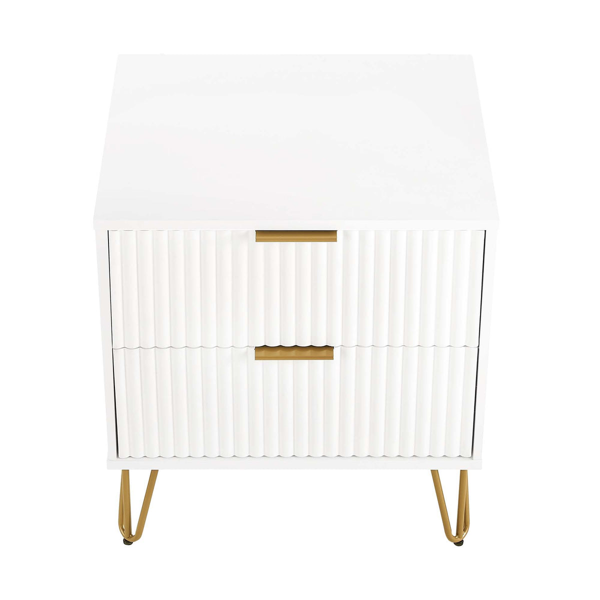 Dumbo nightstand with 2 fluted drawers in white, gold bar hardware and slim gold legs on Tampa Home & Garden Store