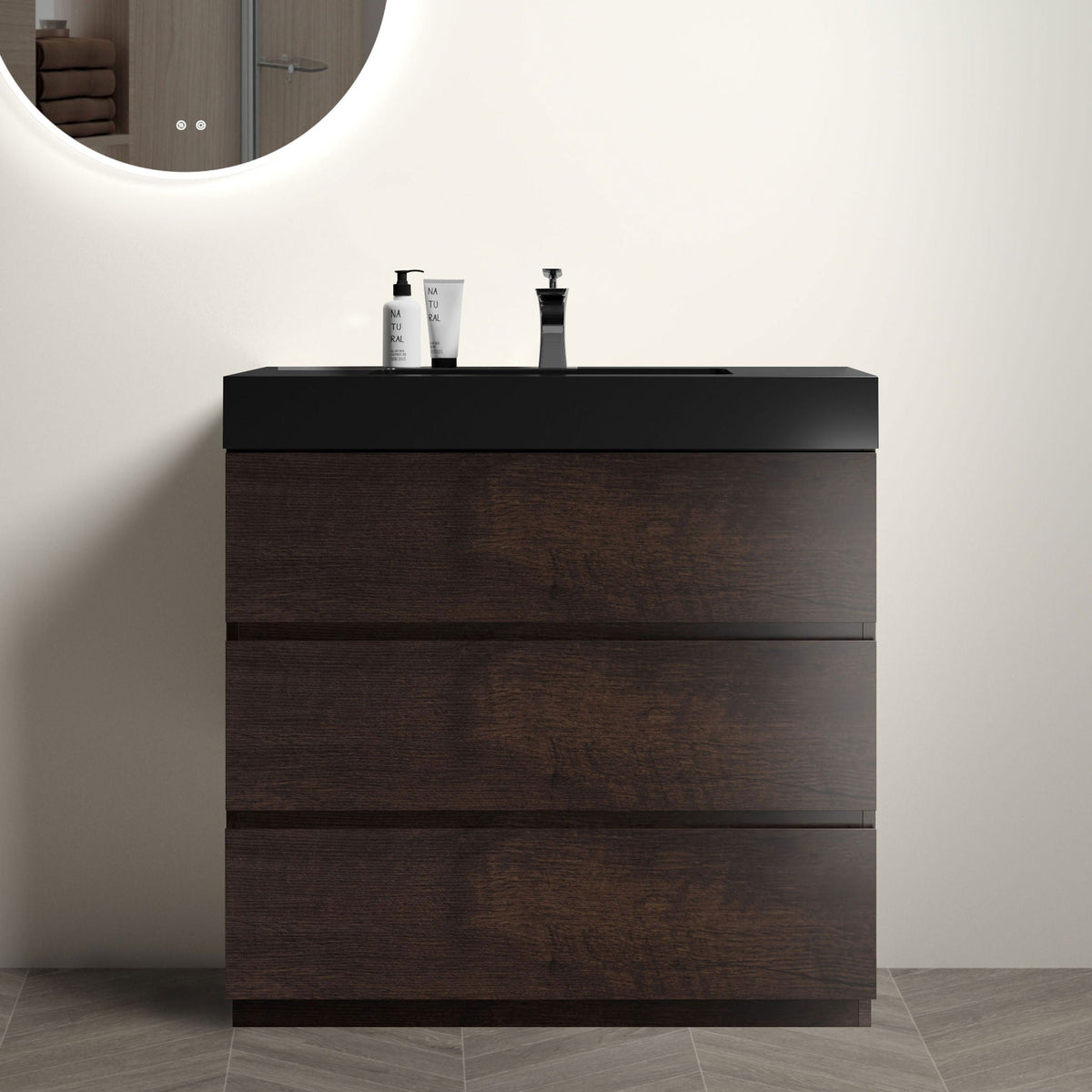 Alice bathroom vanity with large storage and one-piece sink, dark wood base with black top on Tampa Home & Garden Store