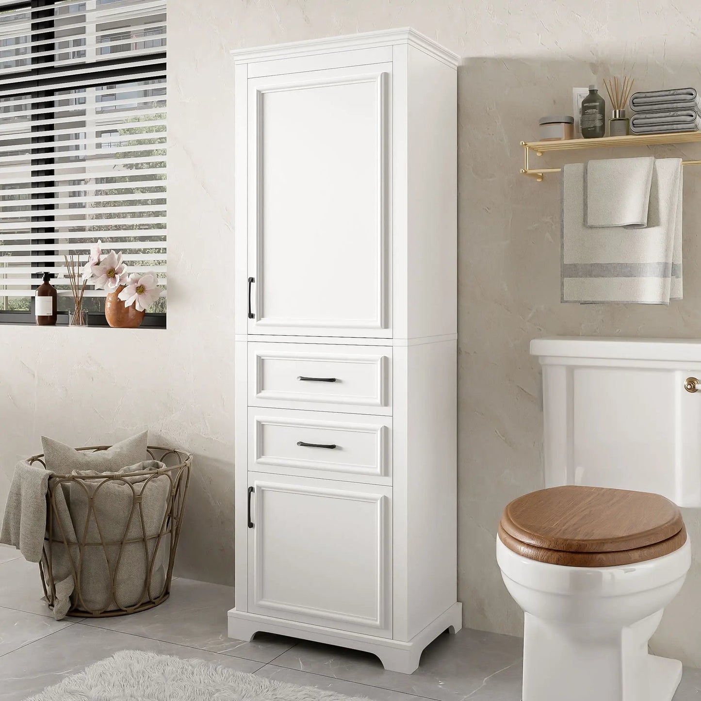 White freestanding bathroom linen cabinet unit with damping hinge doors and adjustable shelves on Tampa Home & Garden Store