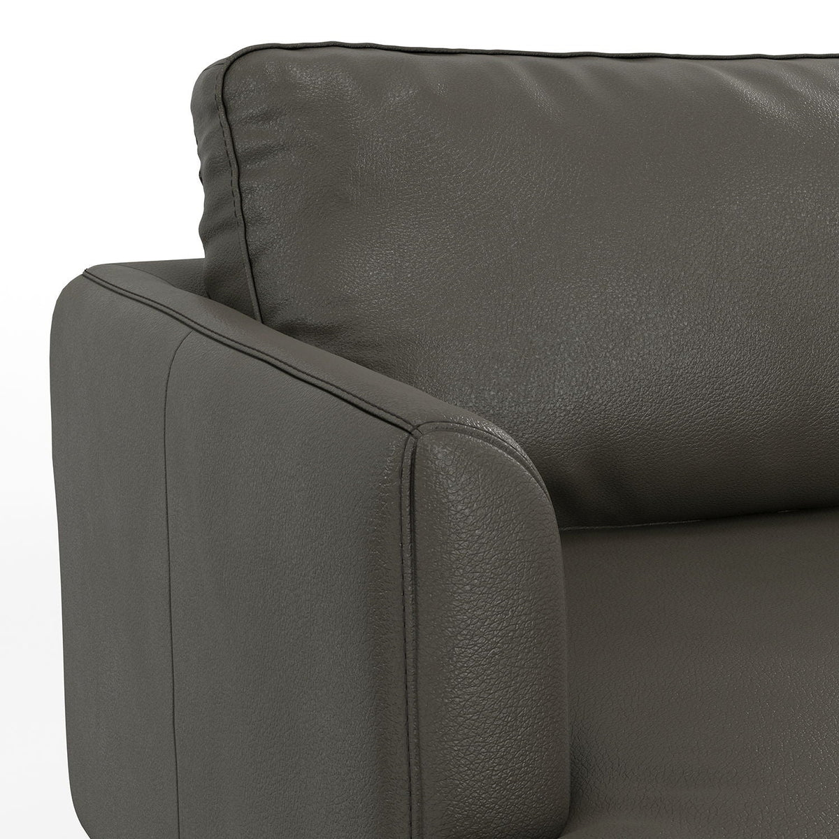 Livingston upholstered sofa dark gray leather close-up of padded armrest with stitched edge on Tampa Home & Garden Store