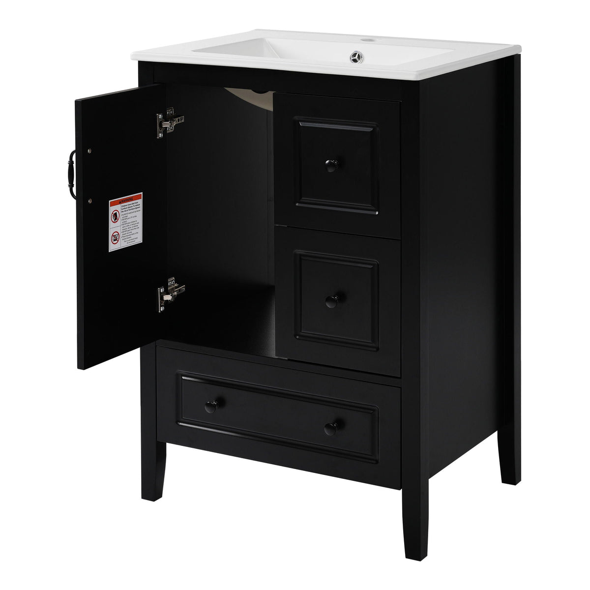 Retro bathroom vanity with ceramic white sink, black cabinet, soft-close drawers on Tampa Home & Garden Store