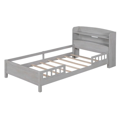 Wood Platform Bed With Led Light and Guardrail