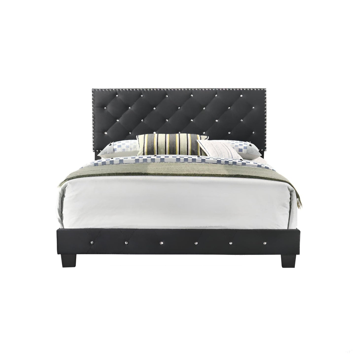 Luxurious upholstered bed with a black tufted faux-leather headboard and nailhead trim on Tampa Home & Garden Store