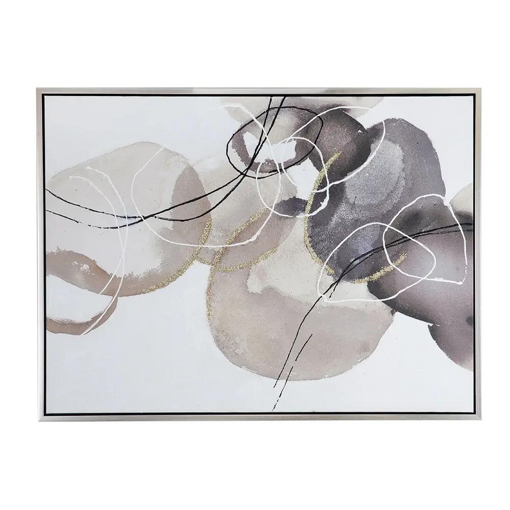 Framed abstract oil painting print with multicolor beige shapes, black lines and gold accents on Tampa Home & Garden Store