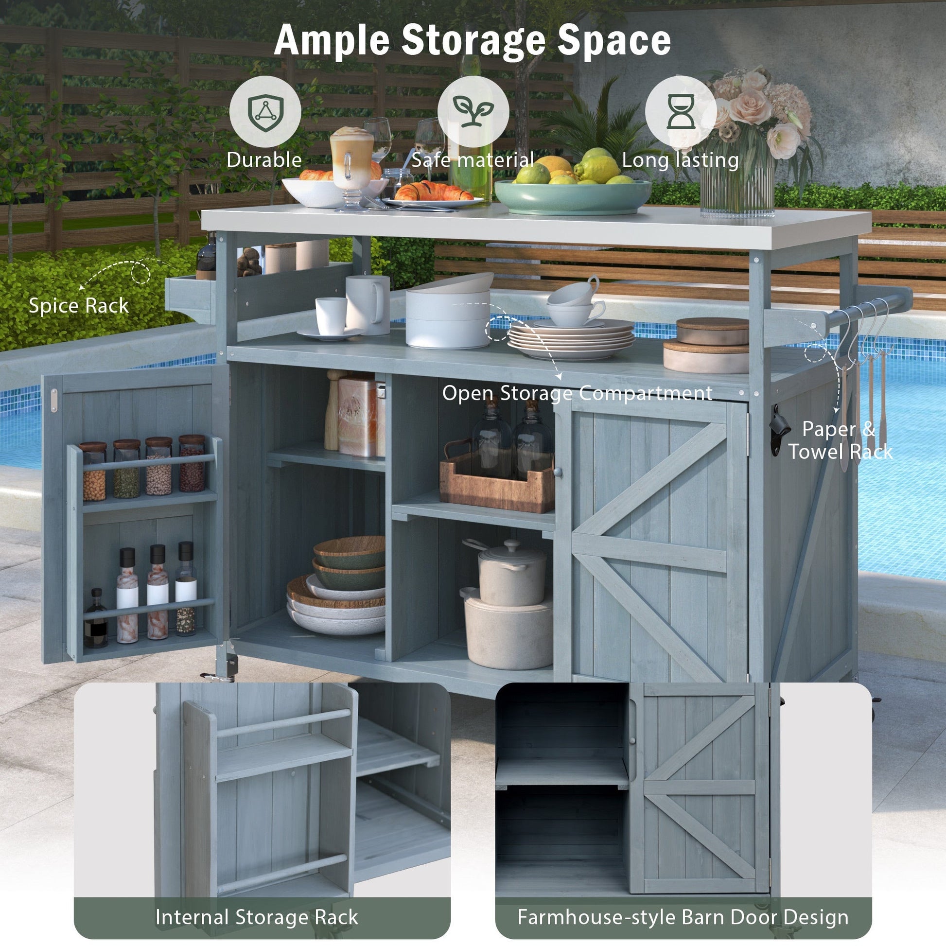 K&K Outdoor Kitchen Island with bar cart and storage cabinet in gray wood with spice rack on Tampa Home & Garden Store