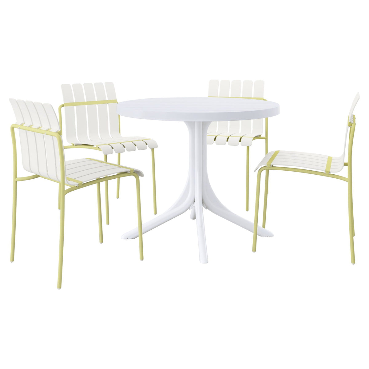 5-piece outdoor dining set HouseOfZazla with white chairs and yellow frames around a round table on Tampa Home & Garden Store