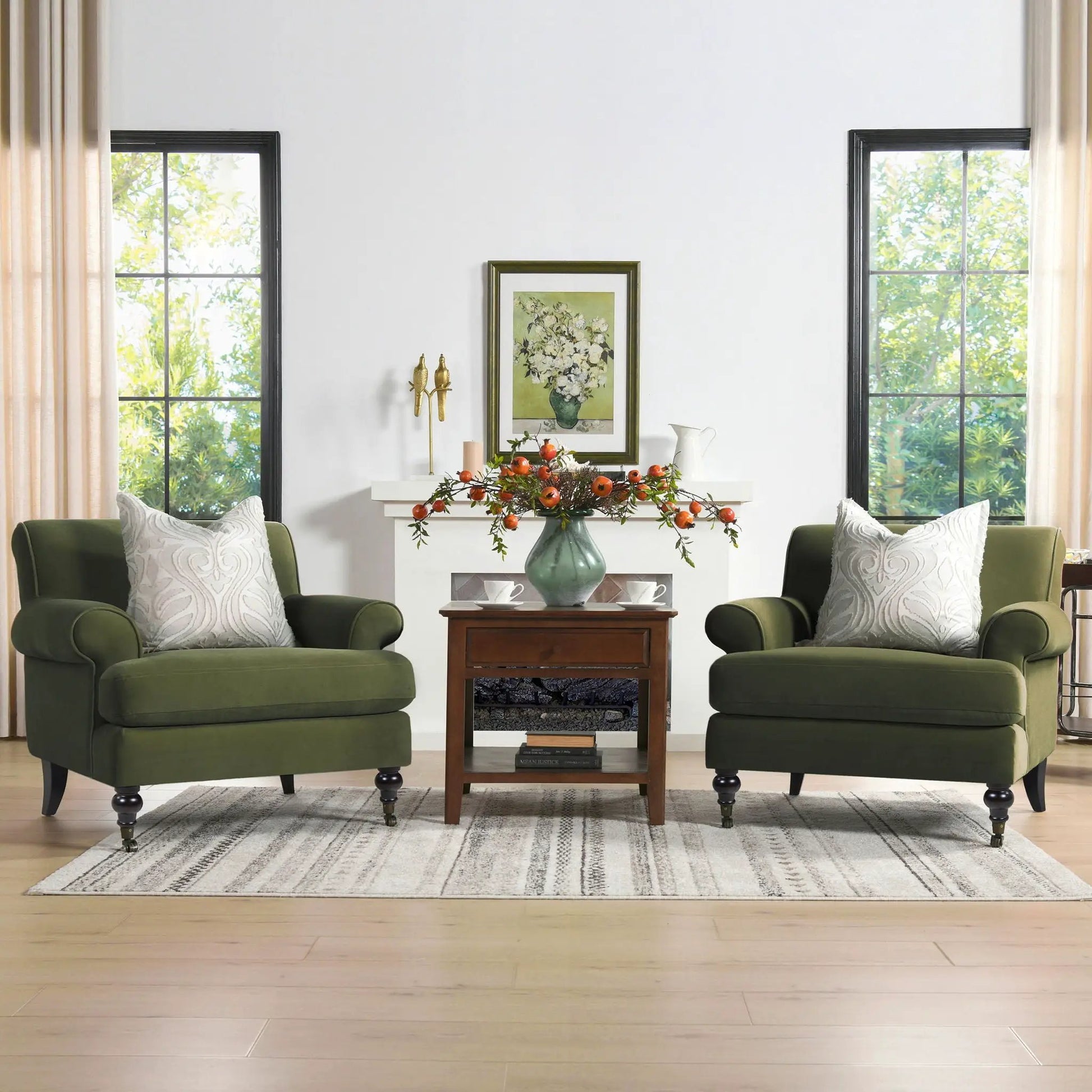 Alana Lawson Accent Arm Chair Casters pair in green upholstery Unique Piece Furniture on Tampa Home & Garden Store