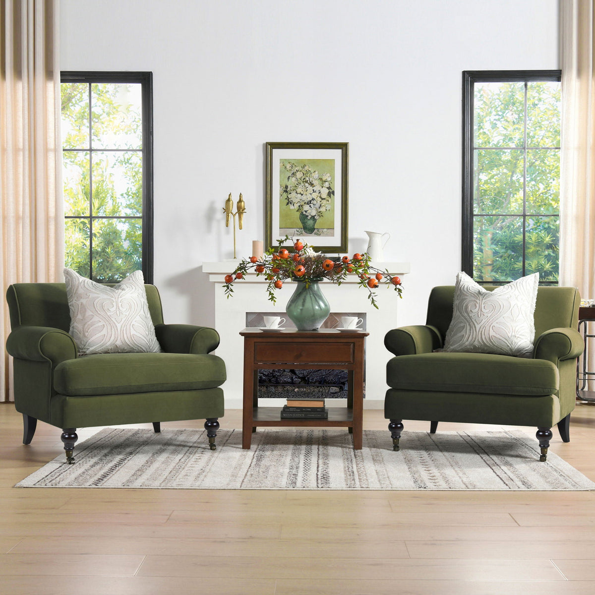 Accent Arm Chair with Casters and Reversible Cushions in olive green fabric, pair of chairs on Tampa Home & Garden Store