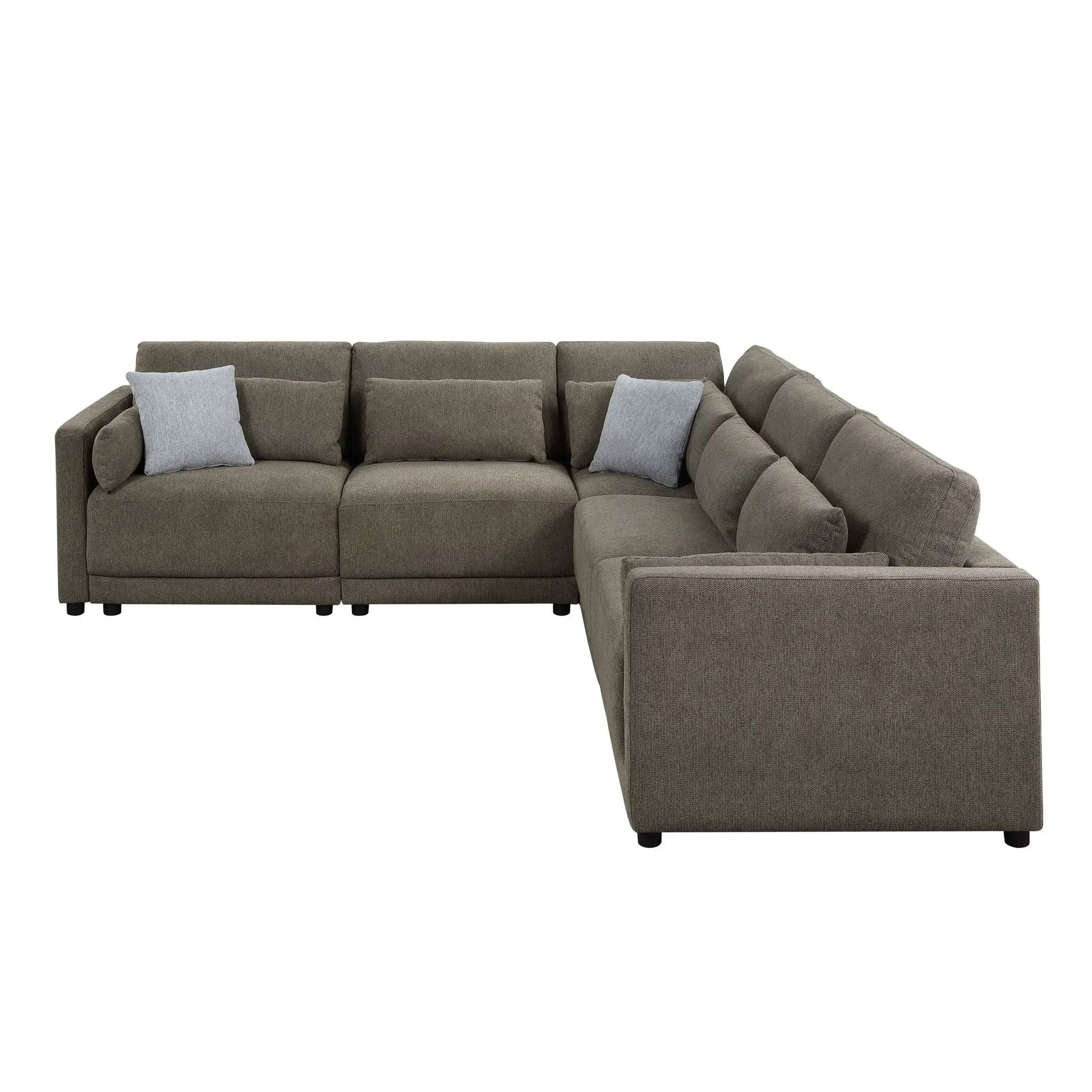 Rylie modular stationary sectional sofa in brown-gray fabric with light gray toss pillows on Tampa Home & Garden Store