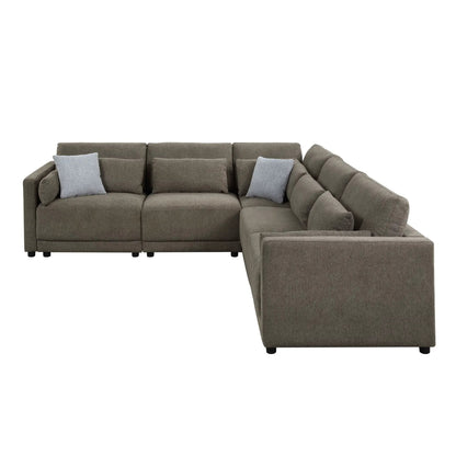 Rylie modular stationary sectional sofa in brown-gray fabric with light gray toss pillows on Tampa Home & Garden Store