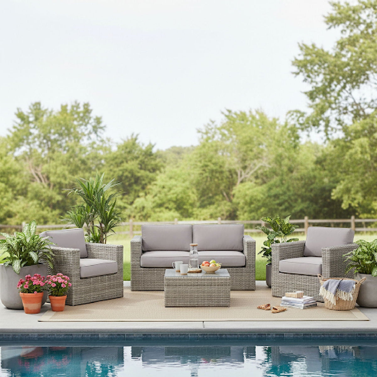Wicker outdoor 3-piece seating set with gray cushions and coffee table by HouseOfZazla on Tampa Home & Garden Store