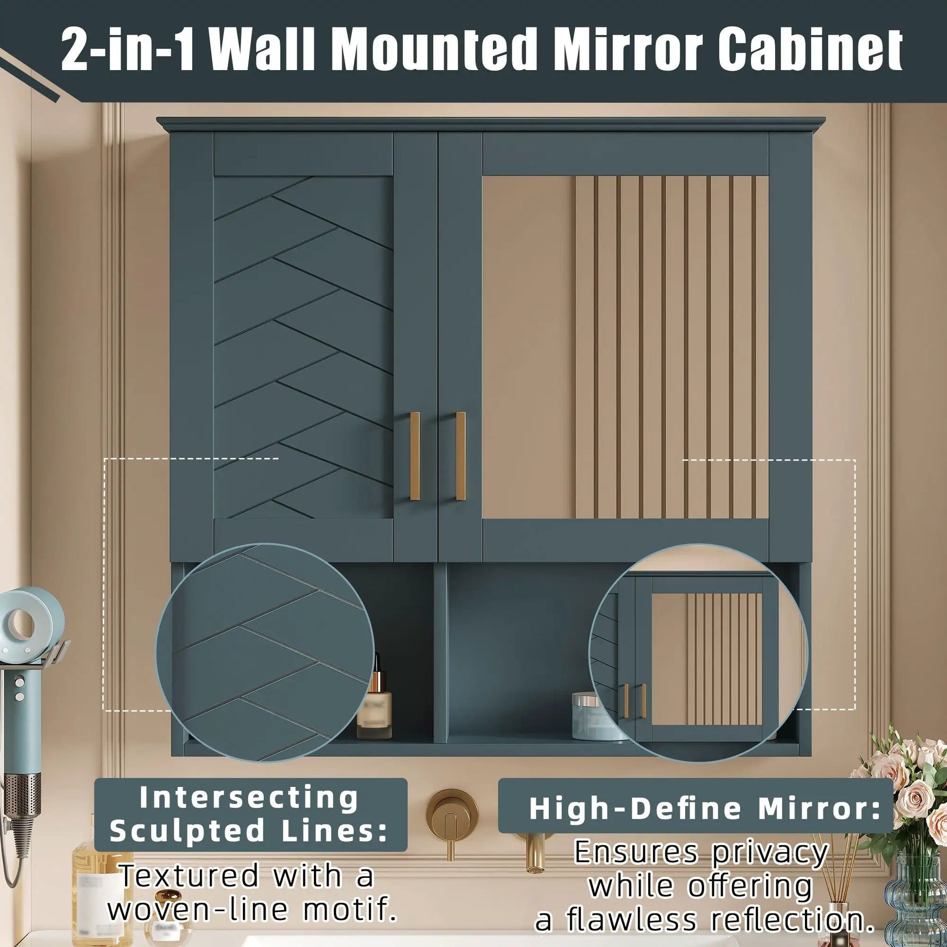 2-in-1 wall-mounted mirror cabinet in blue-gray with adjustable shelves and soft-close doors on Tampa Home & Garden Store