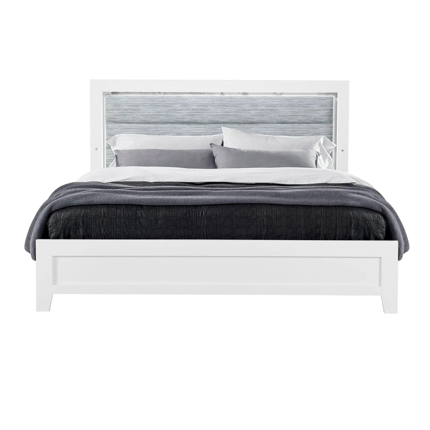 Omoda LED bed, white platform frame with gray upholstered headboard by Unique Piece Furniture on Tampa Home & Garden Store