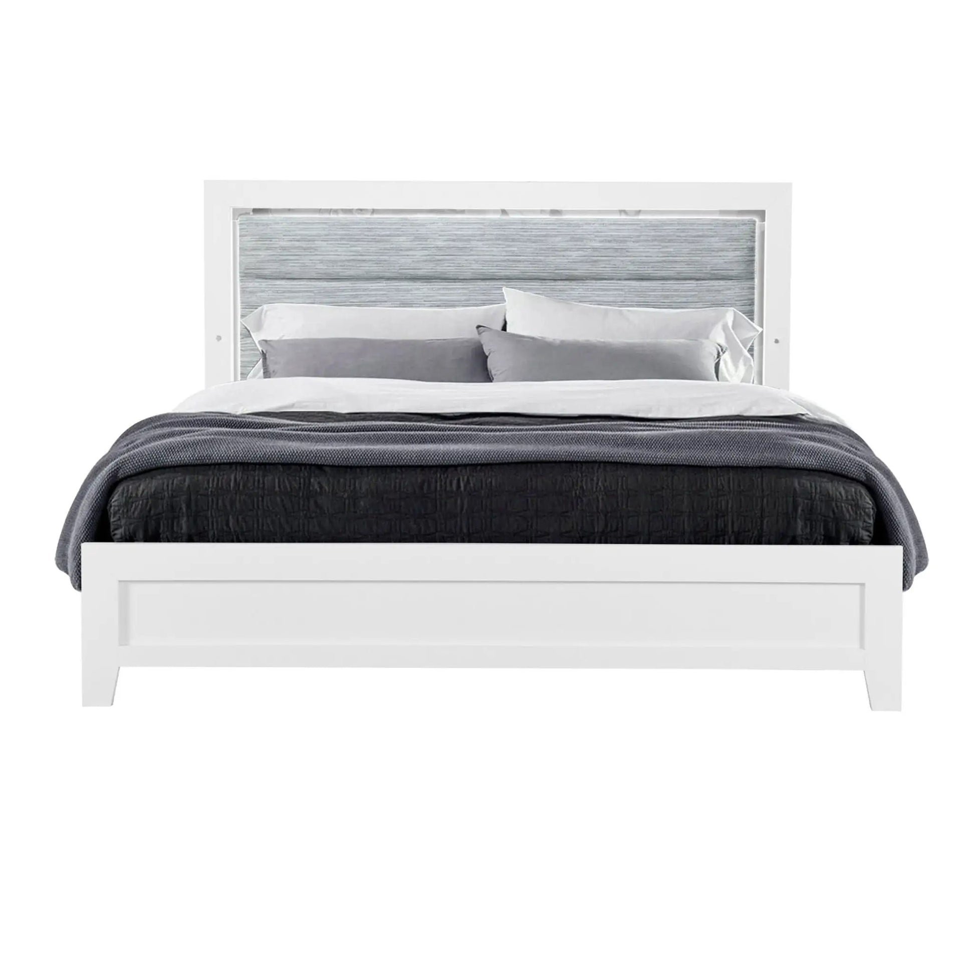 Omoda LED bed, white platform frame with gray upholstered headboard by Unique Piece Furniture on Tampa Home & Garden Store
