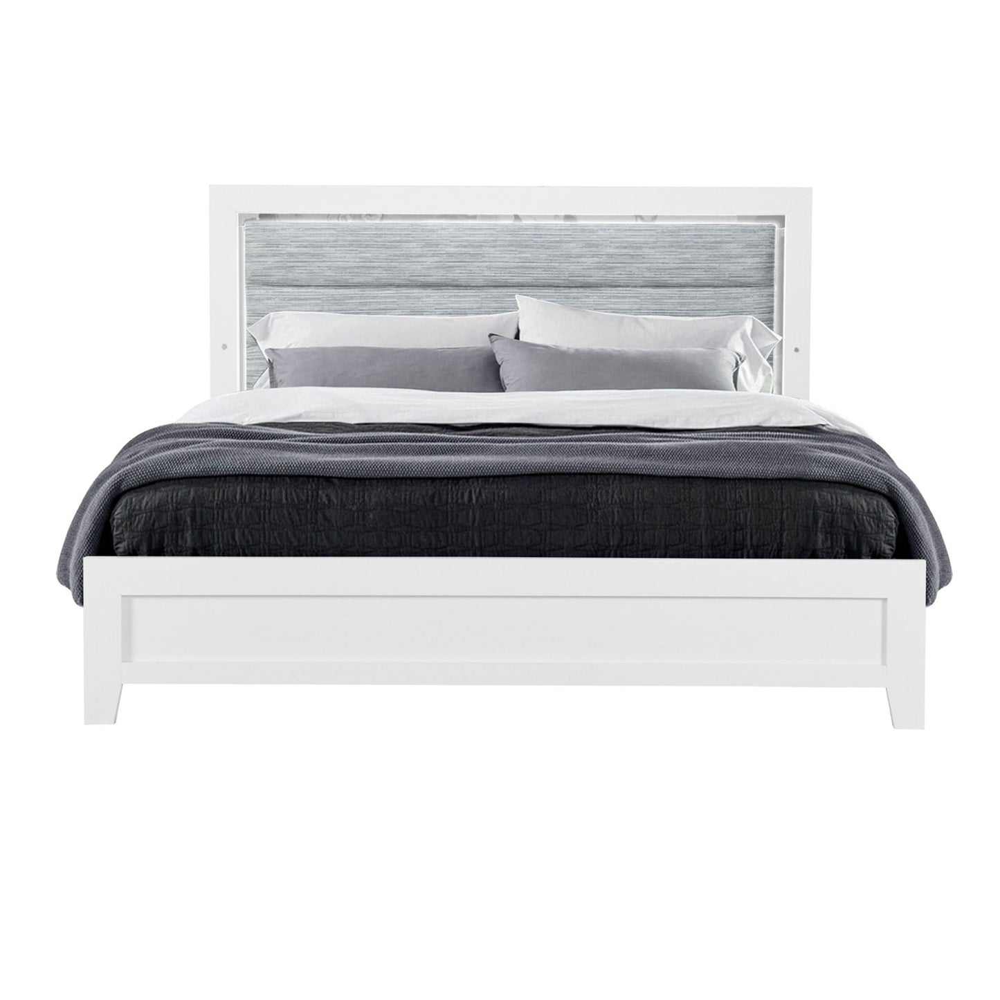 Omoda Bed With LED white platform bed with gray upholstered headboard panel on Tampa Home & Garden Store