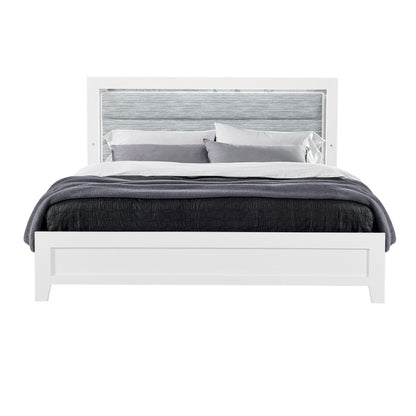 Omoda Bed With LED white platform bed with gray upholstered headboard panel on Tampa Home & Garden Store