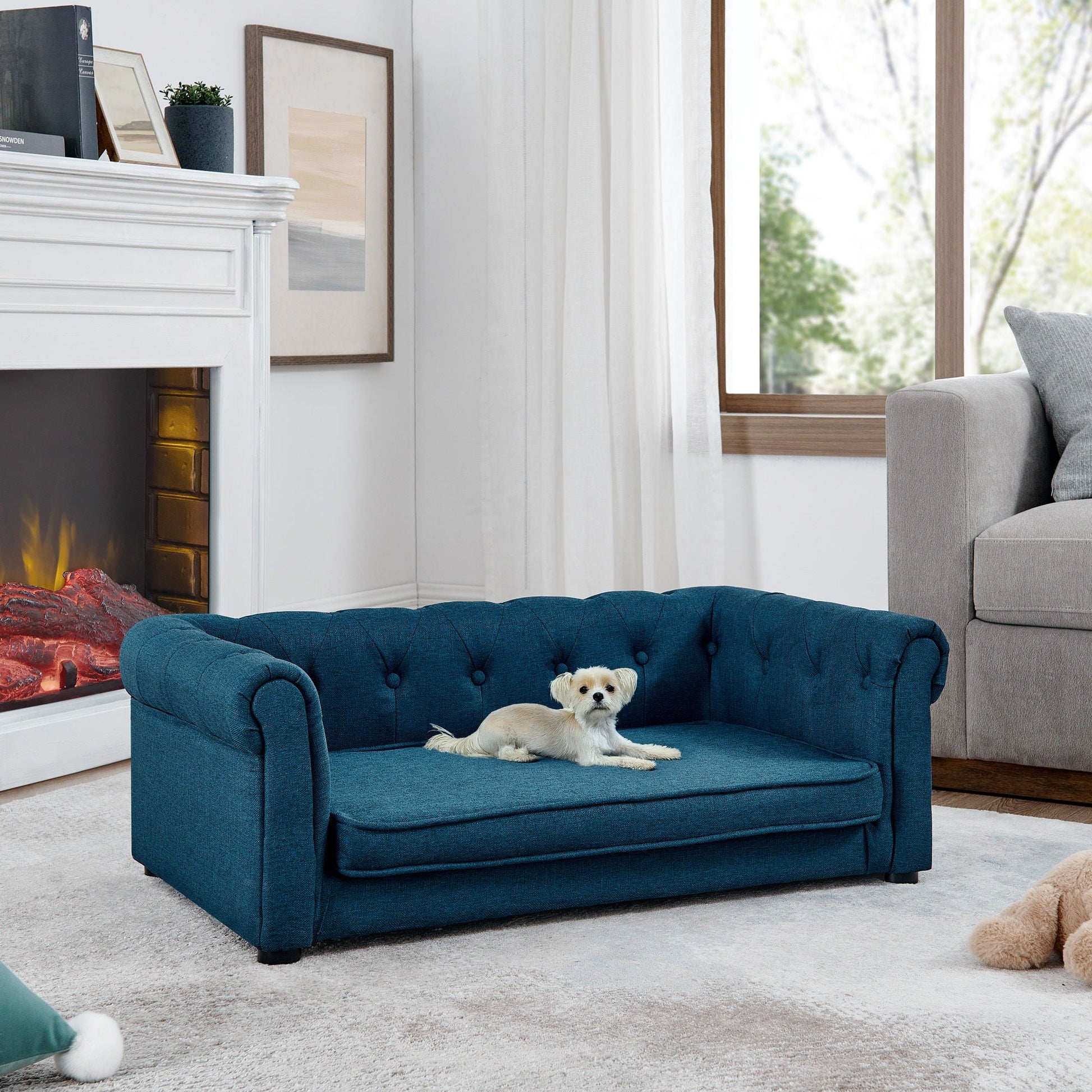 Dog bed HouseOfZazla blue tufted elevated rectangle dog sofa, modern chic design on Tampa Home & Garden Store