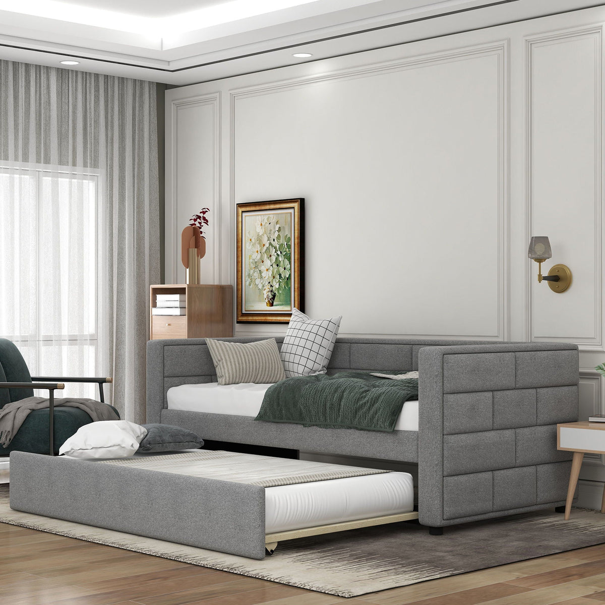 Upholstered twin daybed with gray fabric and trundle, padded back and sides, HouseOfZazla on Tampa Home & Garden Store