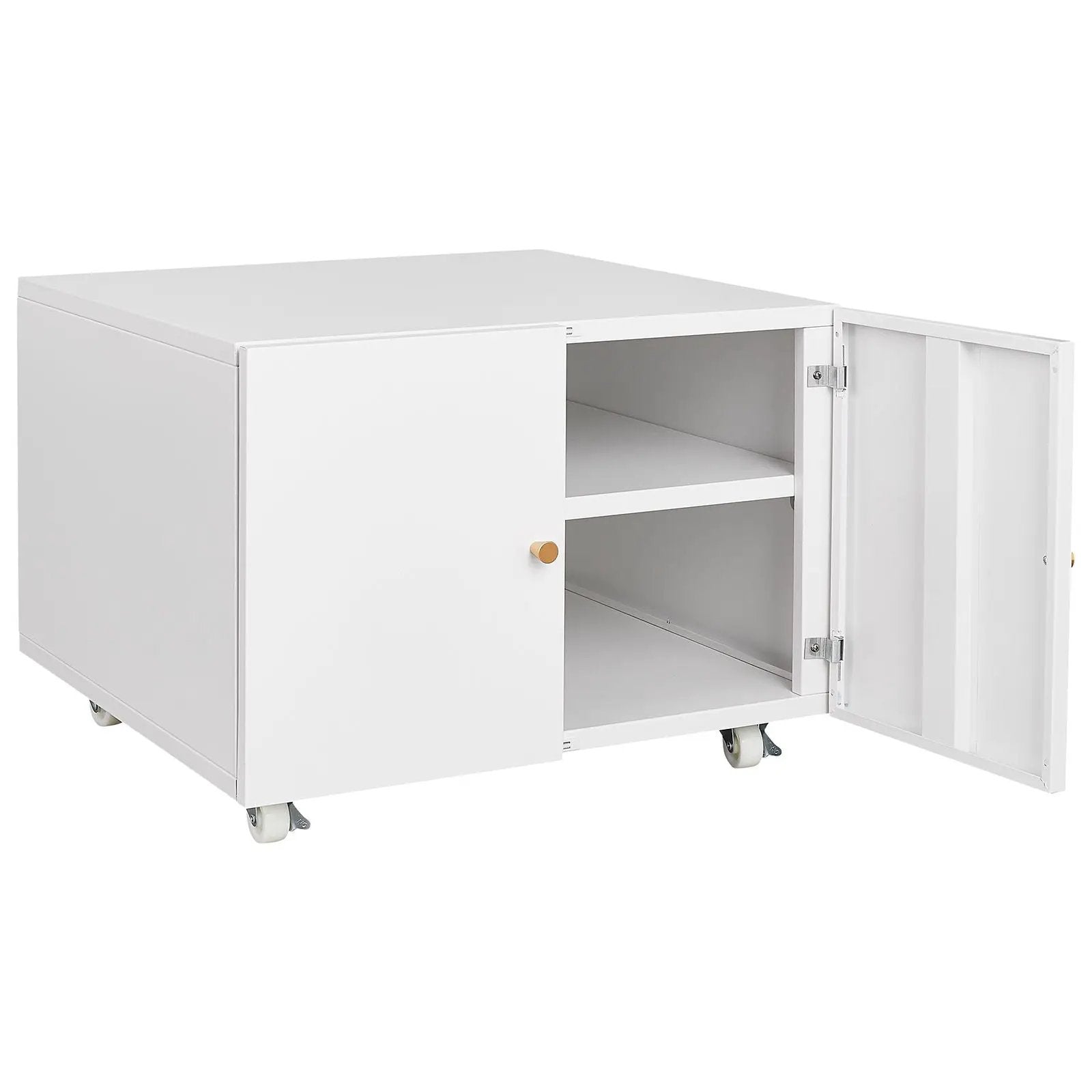 White steel printer stand 2-door copier cabinet on casters open door reveals two shelves on Tampa Home & Garden Store