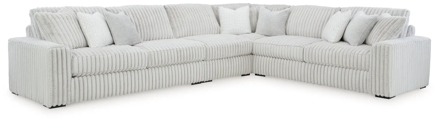 Stupendous L-shaped sectional sofa in light gray corded fabric with tufted channels on Tampa Home & Garden Store